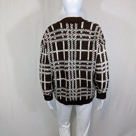 Cider 90s Brown/Ivory Chunky Cardigan Button Down V-Neck Sweater Womens M - Picture 4 of 5